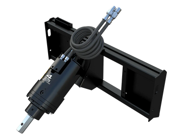 A close-up photo of a Digga 4DDS high-flow auger drive with a hydraulic hose attached, mounted on a skid steer loader.